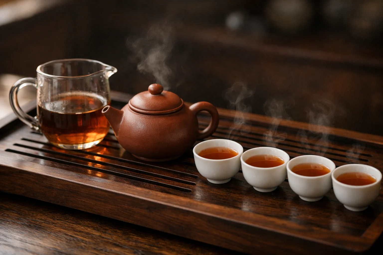A Yixing clay teapot, glass fairness pitcher of amber tea, and four steaming white porcelain cups arranged on a dark wooden tea tray