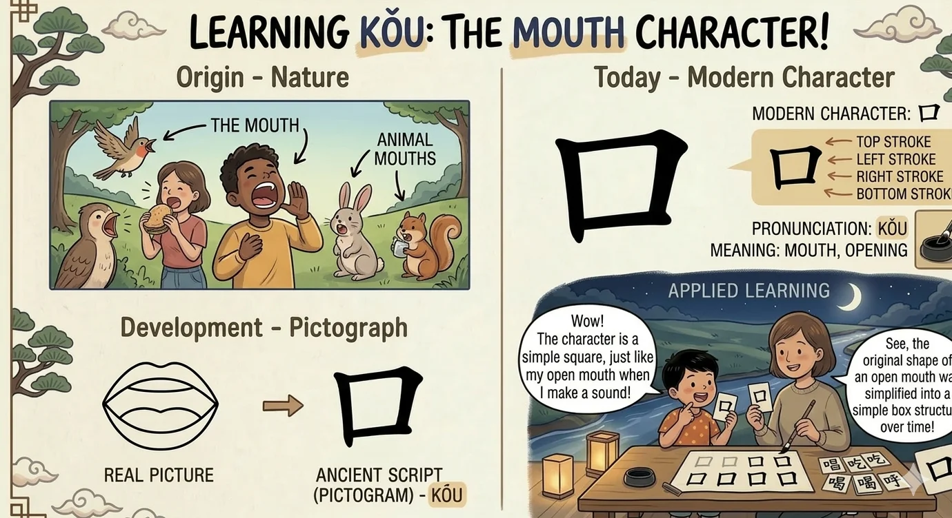 Learning the mouth character 口 (kǒu) — from an open mouth to a simple square