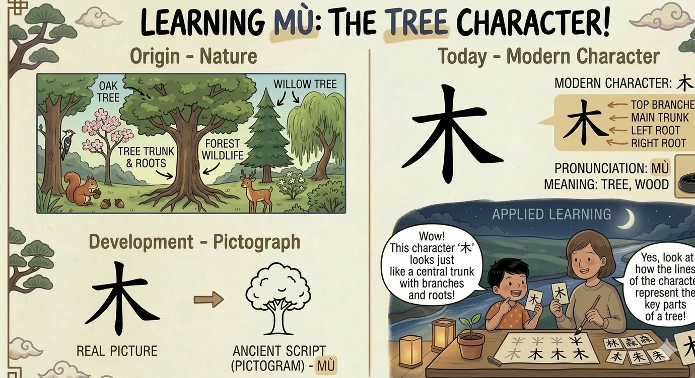 Learning the tree character 木 (mù) — from a real tree to branches, trunk, and roots