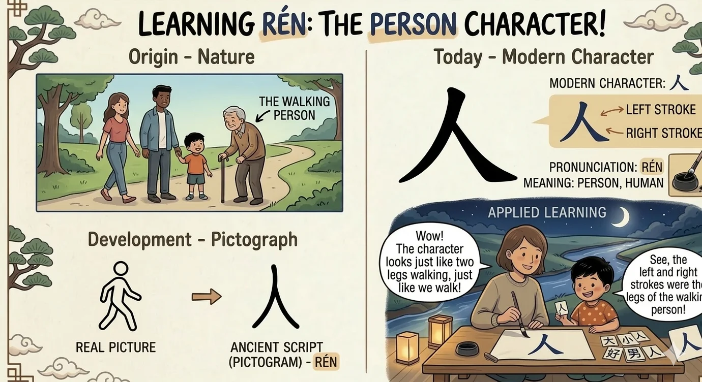 Learning the person character 人 (rén) — from a walking figure to two simple strokes