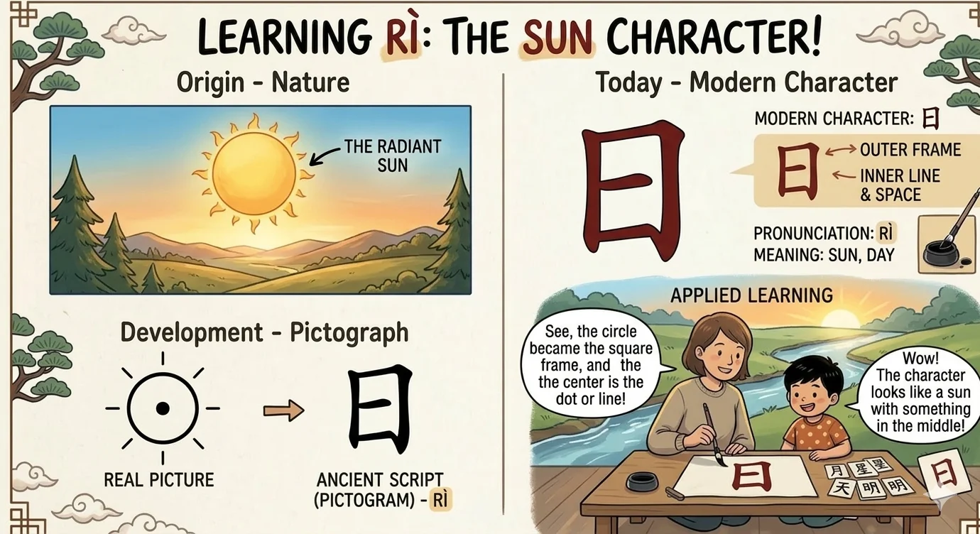 Learning the sun character 日 (rì) — from a circle with a dot to a square with a line