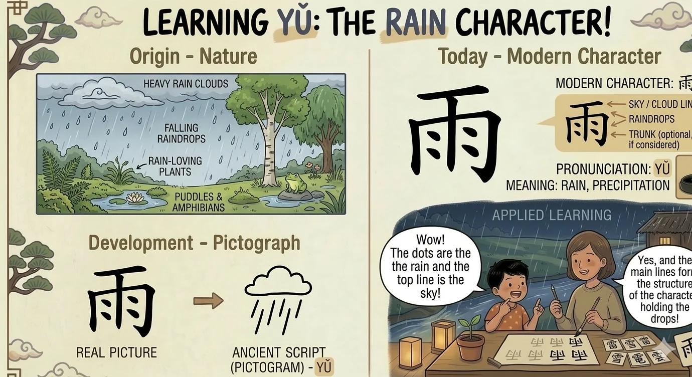Learning the rain character 雨 (yǔ) — sky, cloud, and falling raindrops
