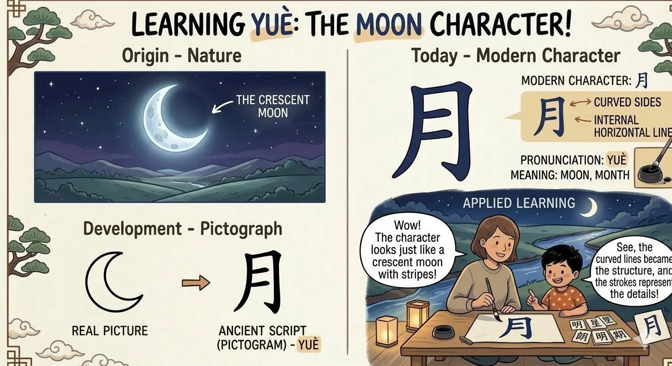 Learning the moon character 月 (yuè) — from a crescent to the modern character